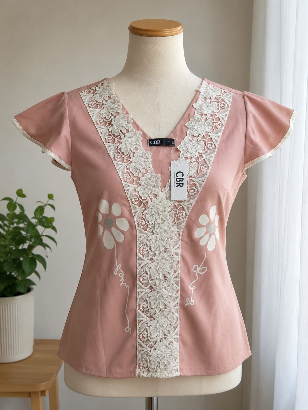 CBR Pink Lace-Trim V-Neck Women's Top